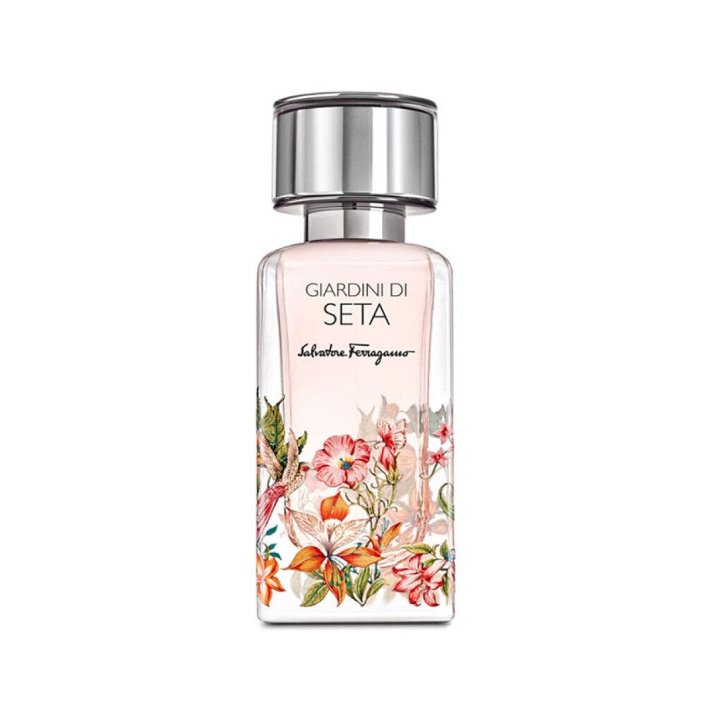 Salvatore Ferragamo Giardini di Seta Eau de Parfum Flakon mit floralem Design und silbernem Verschluss.