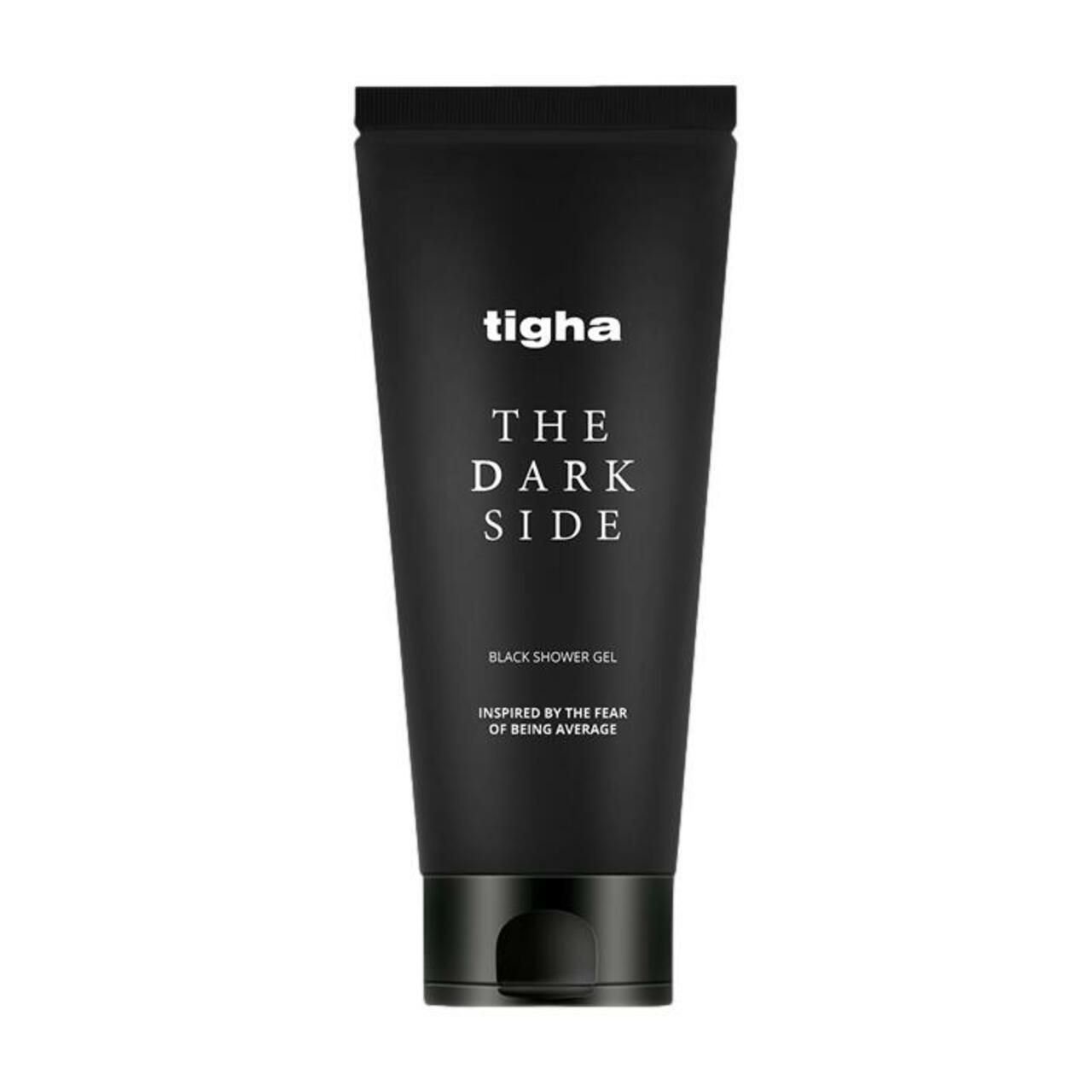 Schwarze Tube mit Schriftzug "tigha THE DARK SIDE BLACK SHOWER GEL".