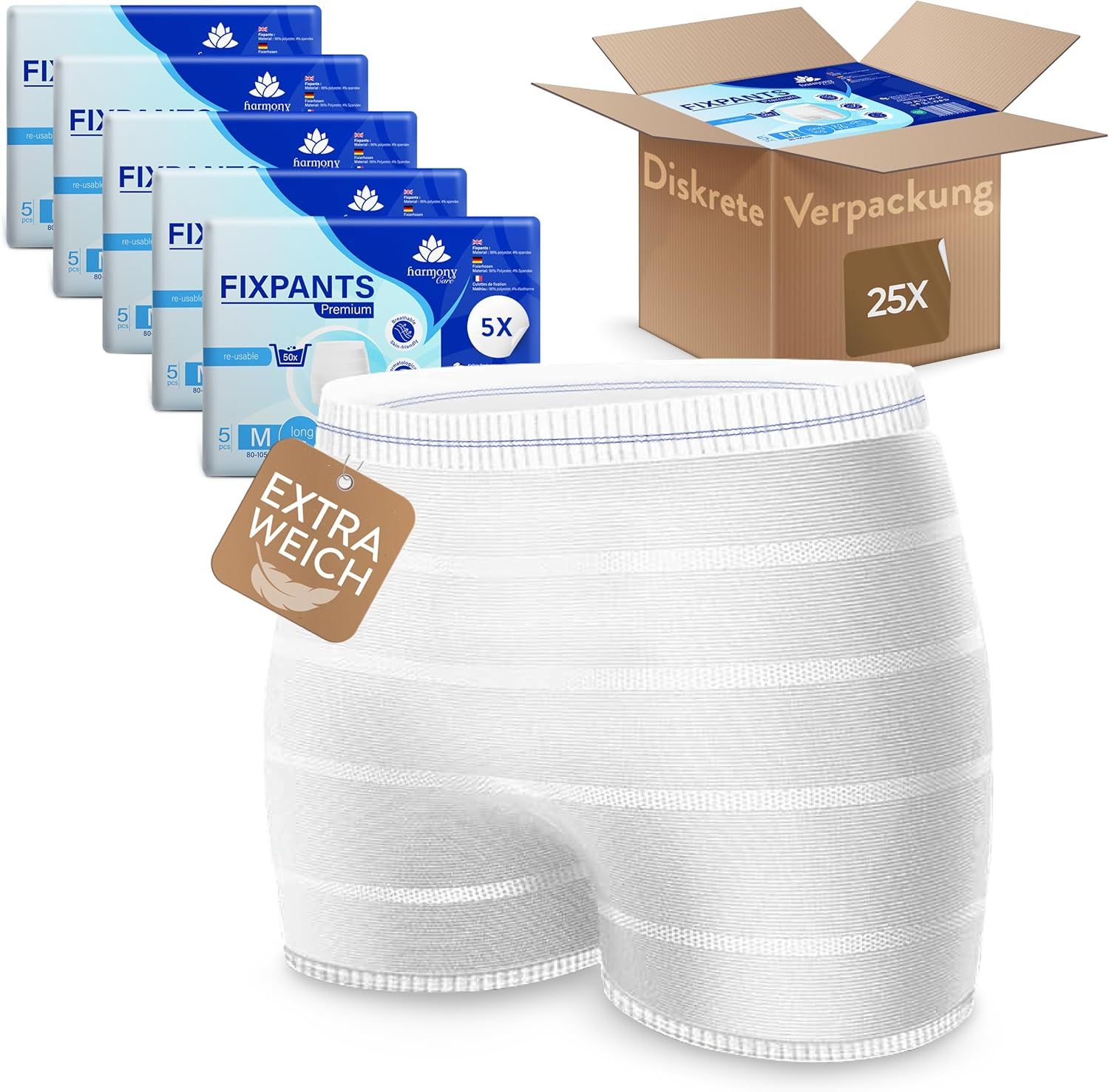 Mehrere Packungen Fixpants Premium und eine offene Kartonverpackung mit 25 Stück.