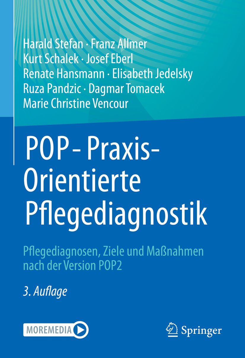 Buchcover: POP - PraxisOrientierte Pflegediagnostik. Autorennamen, Titel, Untertitel, 3. Auflage, Logos von Moremedia und Springer.