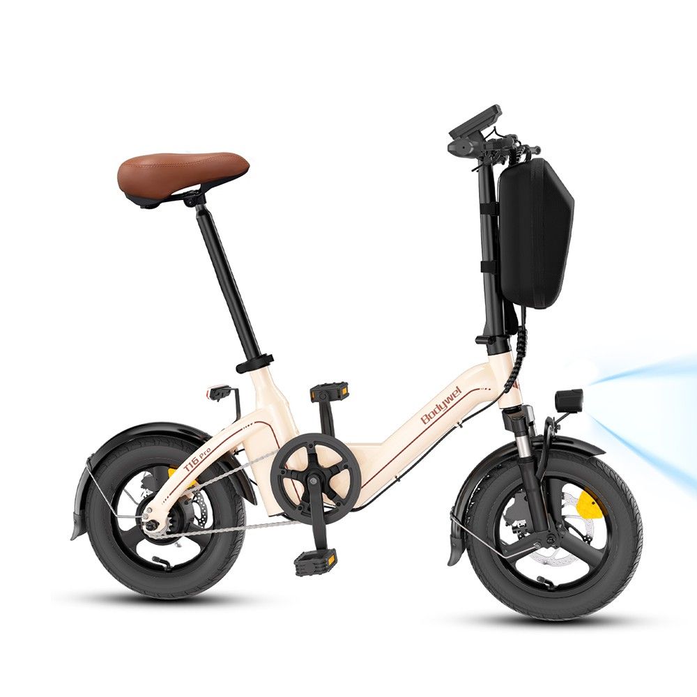 Faltbares E-Bike, cremefarben, brauner Sattel, schwarze Elemente. Frontlicht an. "Bodywel" Schriftzug.