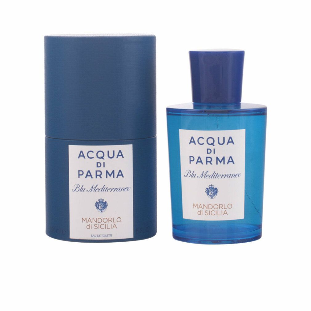 Blaues Parfümflakon und zylindrische Verpackung. Aufschrift: Acqua di Parma Blu Mediterraneo Mandorlo di Sicilia.
