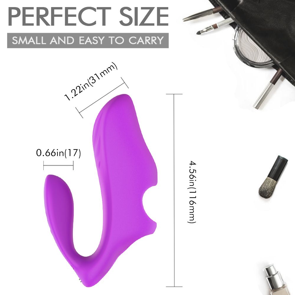 Lila Paarvibrator mit Maßangaben: 1,22 Zoll (31 mm) x 0,66 Zoll (17 mm) x 4,56 Zoll (116 mm). Kosmetikartikel im Hintergrund.