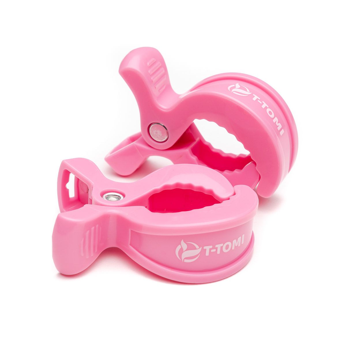 Zwei pinke T-TOMI Clips mit Logo, auf weißem Hintergrund.