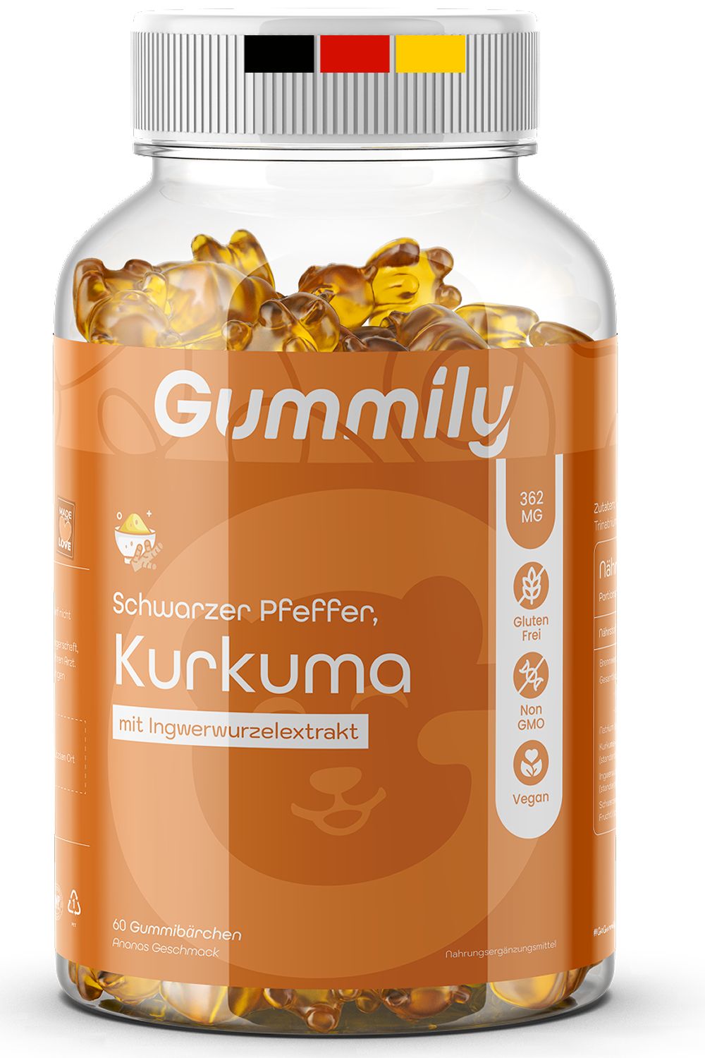 Glasflasche mit Gummibärchen. Etikett mit Produktinformationen: Kurkuma, schwarzer Pfeffer, Ingwer. Vegan, glutenfrei, ohne Gentechnik.