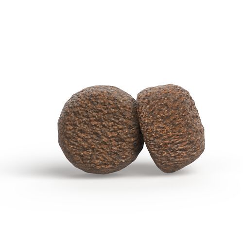 Zwei braune, runde Kroketten. Texturierte Oberfläche, leicht unregelmäßige Form.