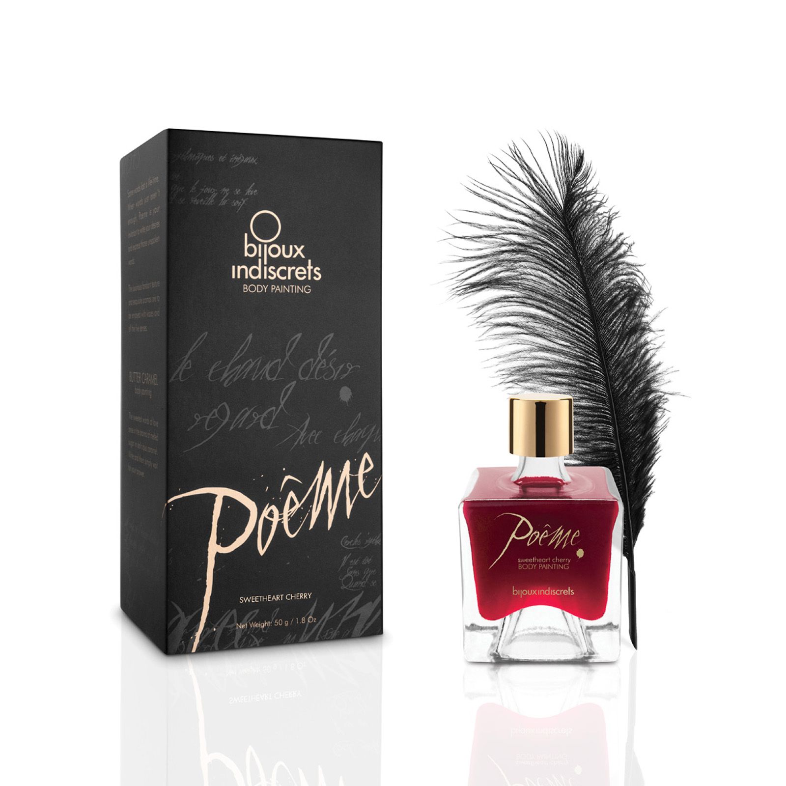Schwarze Verpackung und Flakon. Flakon mit roter Flüssigkeit, goldener Verschlusskappe. Feder. Schriftzug: Poeme, Sweetheart Cherry, Bijoux Indiscrets.