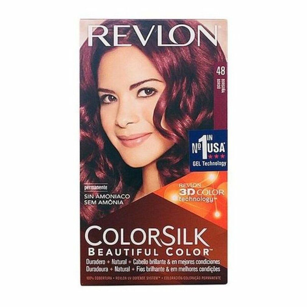 Revlon Colorsilk Box. Frau mit burgunderfarbenem Haar. Enthält: Ohne Ammoniak, 3D Color Technologie, Nr. 1 in USA.