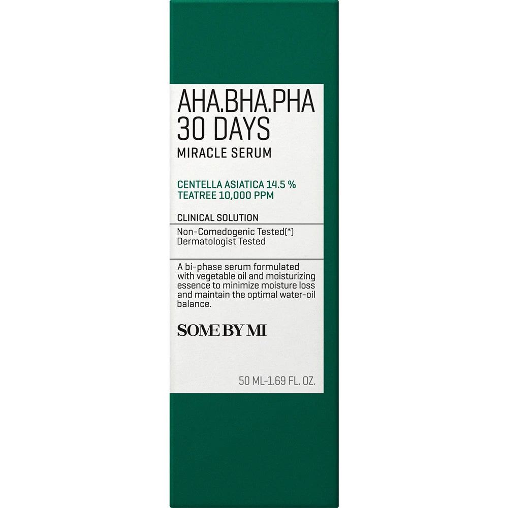Grüne Produktverpackung. Aufschrift: AHA.BHA.PHA 30 DAYS MIRACLE SERUM. Enthält Informationen und Logos.