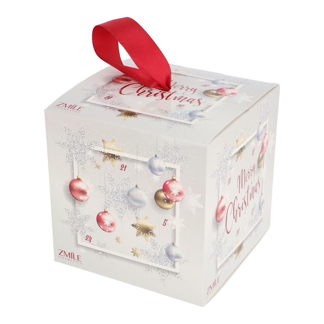 ZMILE Adventskalender Cube 'Merry Christmas'. Würfelförmige Verpackung mit roter Schleife. Dekoriert mit Ornamenten.