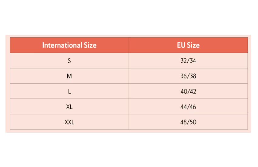 Größentabelle mit internationalen und EU-Größen. Größen: S, M, L, XL, XXL. EU-Größen: 32/34, 36/38, 40/42, 44/46, 48/50.