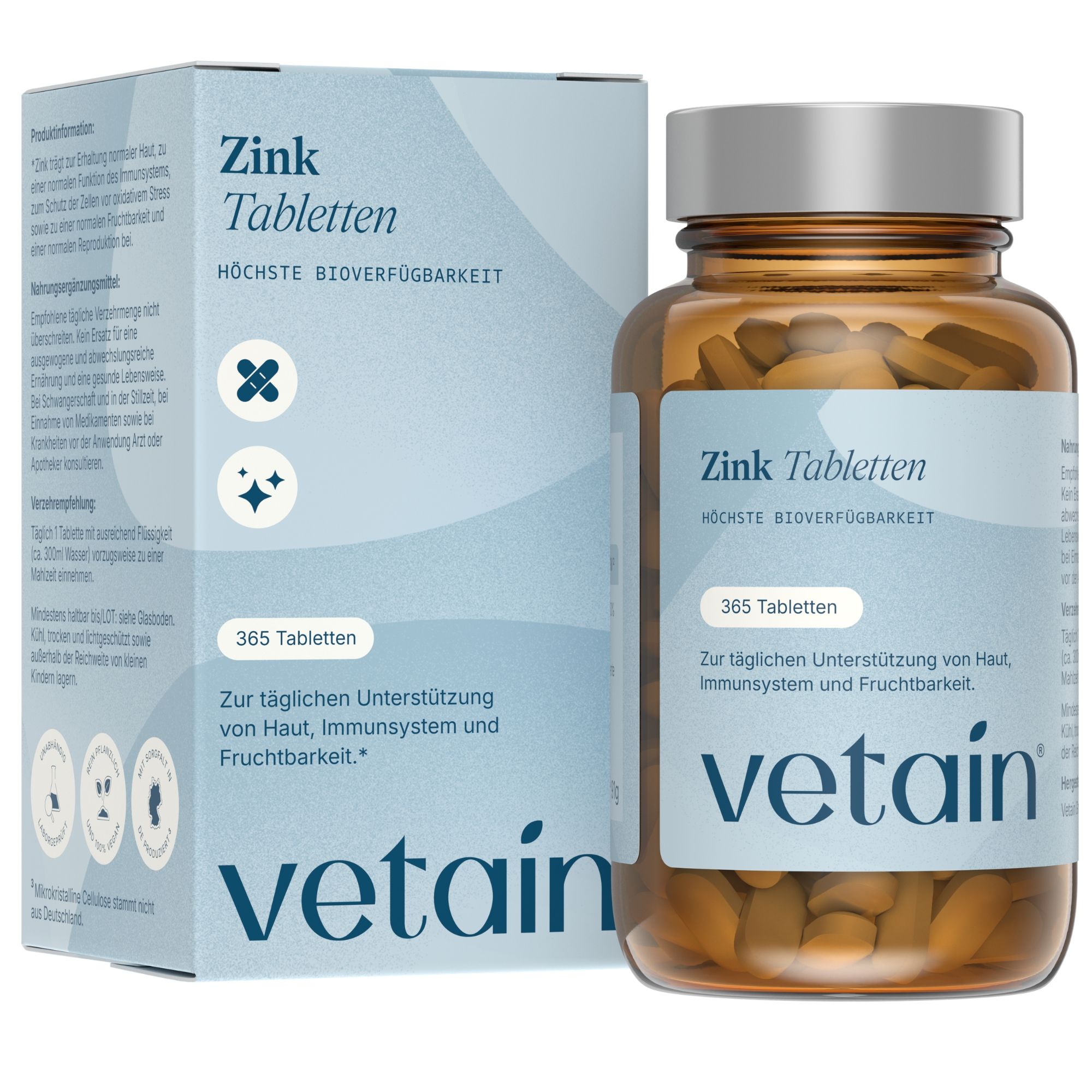 Vetain Zink Tabletten 25mg - Mit Bisglycinat hochdosiert vegan & ohne Zusatzstoffe 365 St