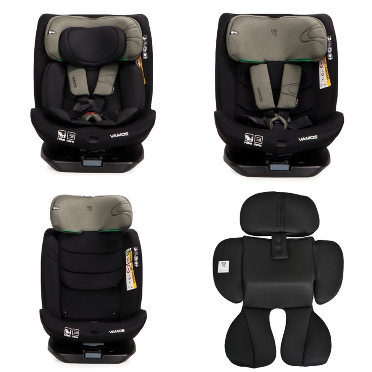 Vier Darstellungen eines schwarzen Kindersitzes mit grauen Einsätzen und Isofix-Basis.