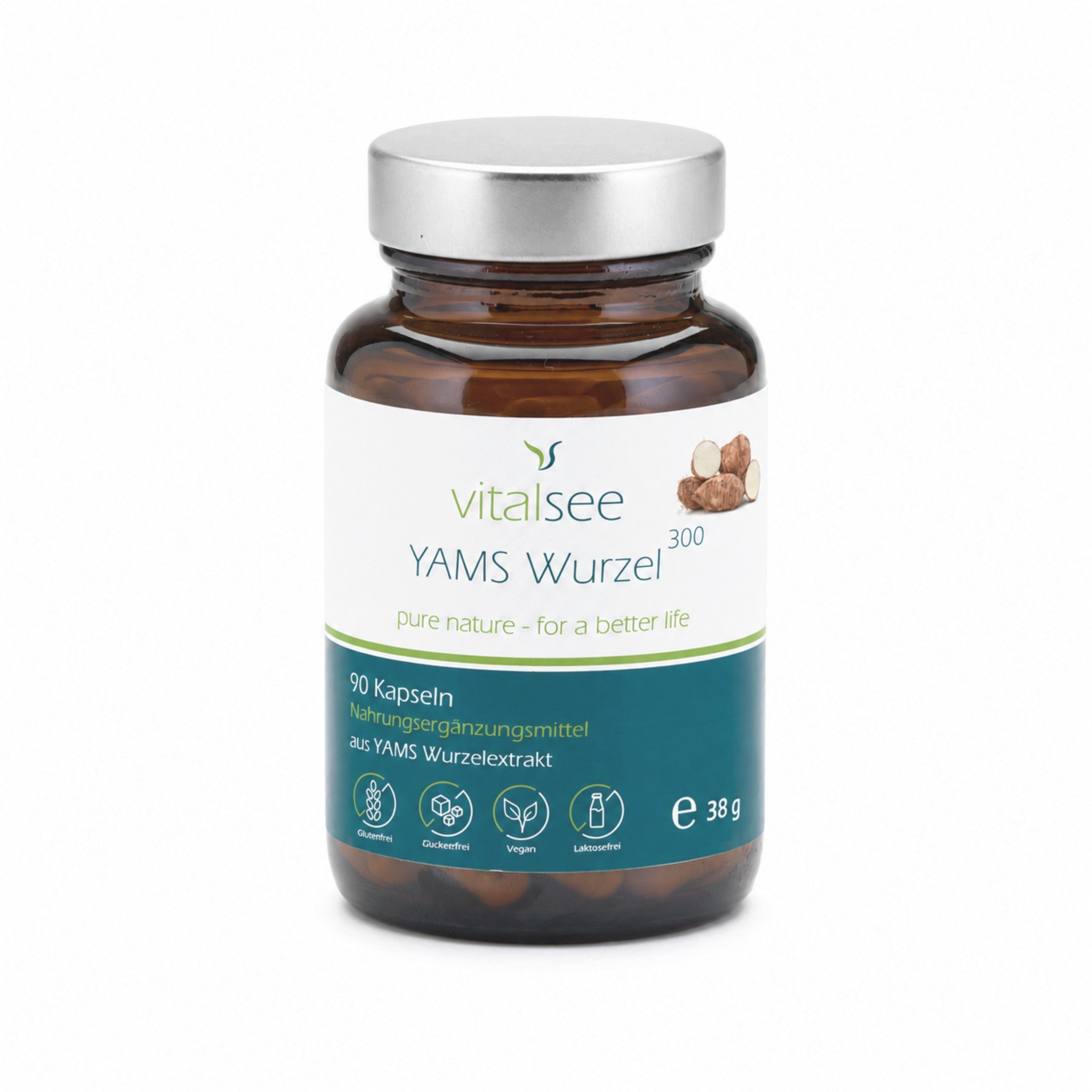Braune Glasflasche mit silbernem Deckel. Etikett mit Produktnamen und Kapseln. Text: Vitalsee YAMS Wurzel 300 Extrakt.