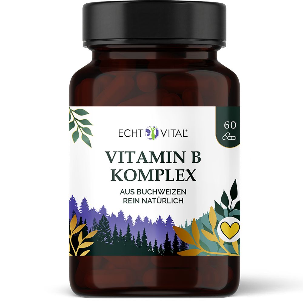 Echt Vital Vitamin B Komplex in Braunglasflasche mit 60 Kapseln. Natürliche Inhaltsstoffe.