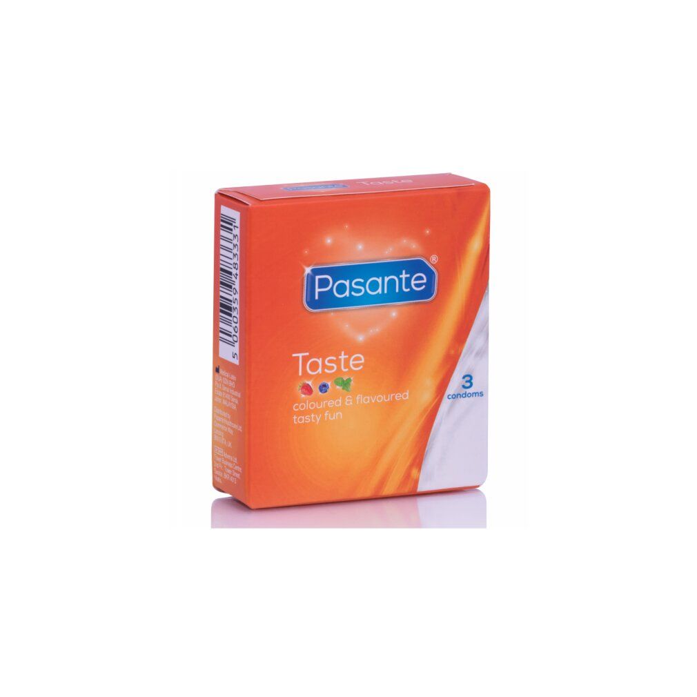 Orangefarbene Pasante Taste-Verpackung mit 3 Kondomen. Text: coloured & flavoured tasty fun.