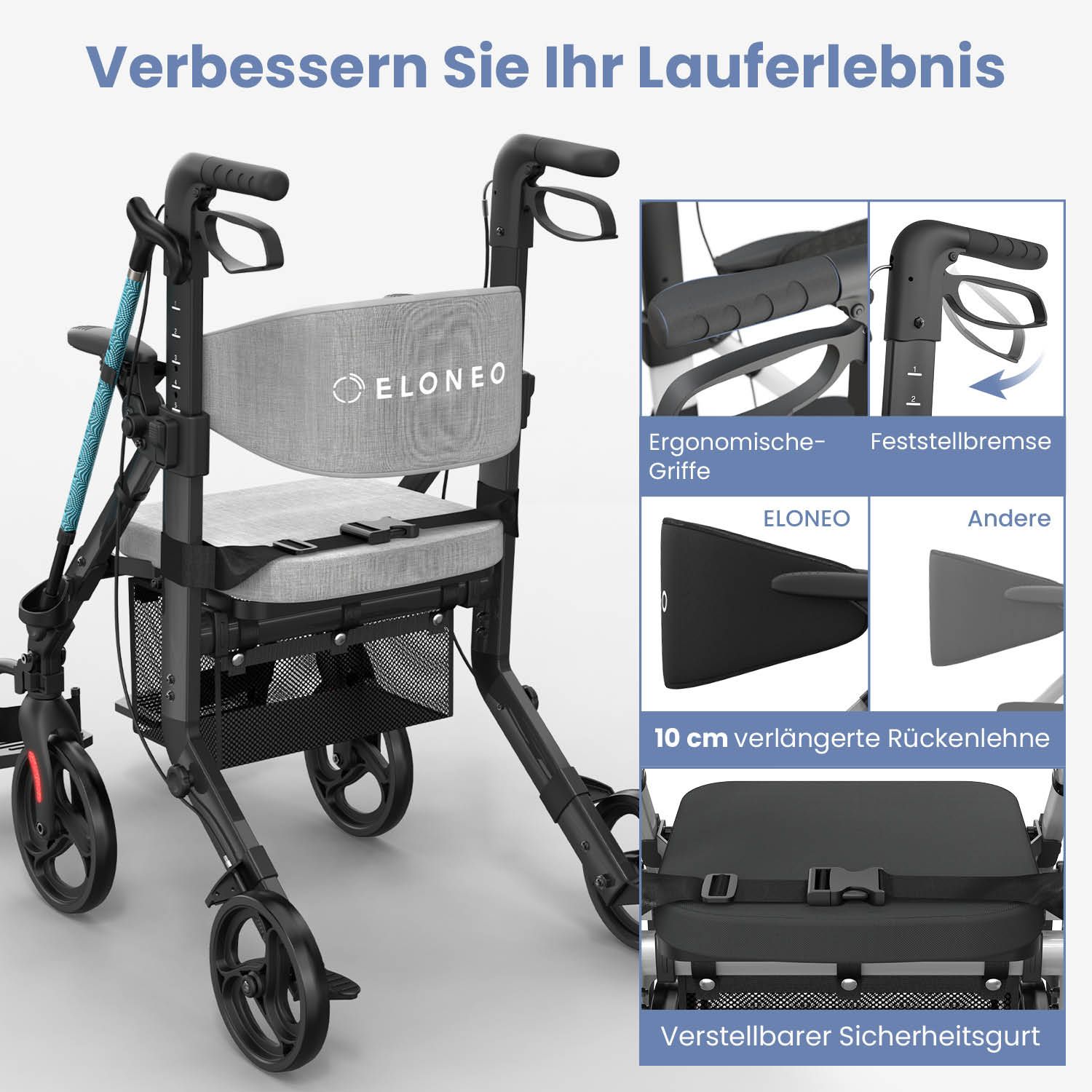 ELONEO 2in1 Rollstuhl Rollator Schwarz
