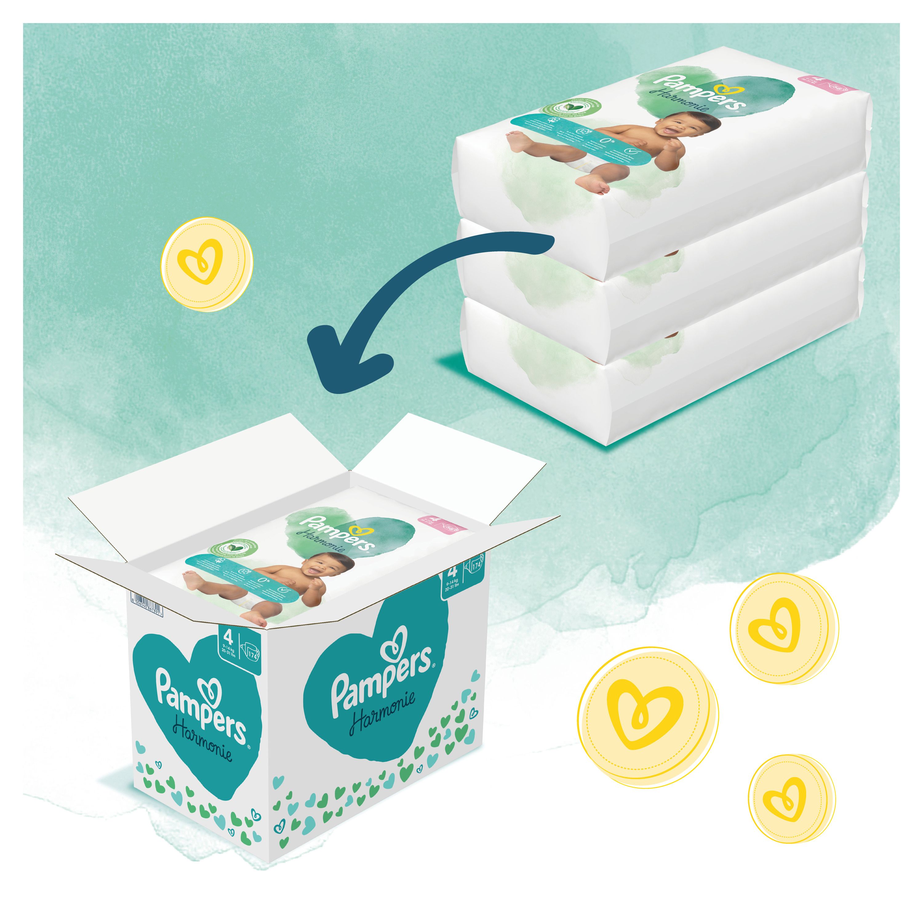 Windeln in Karton. Pampers Harmonie Verpackung. Geöffnete Box mit Windelpaketen und Münzen.