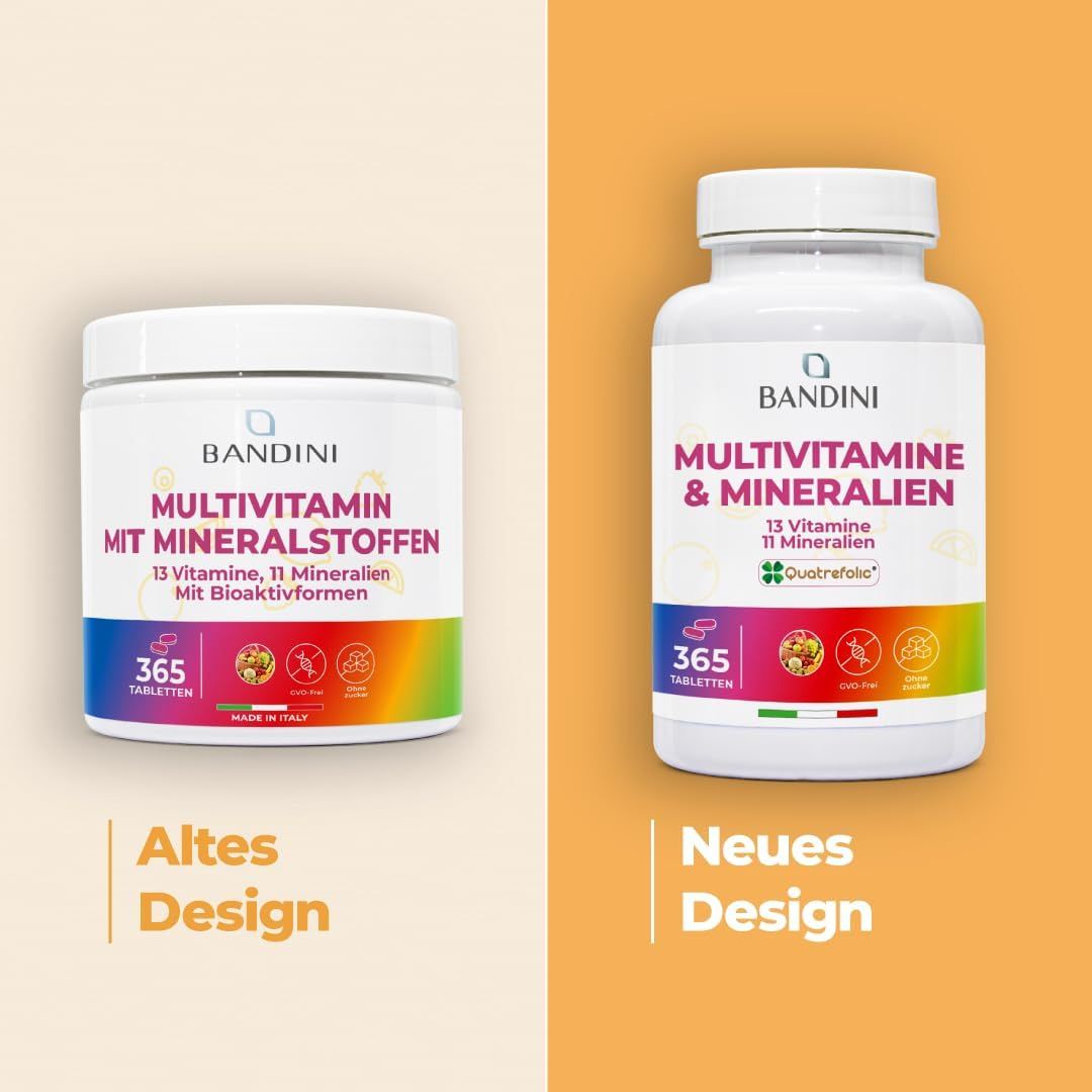 Zwei weiße Bandini-Flaschen. Links: Altes Design. Rechts: Neues Design. Aufschrift: Multivitamine & Mineralien.