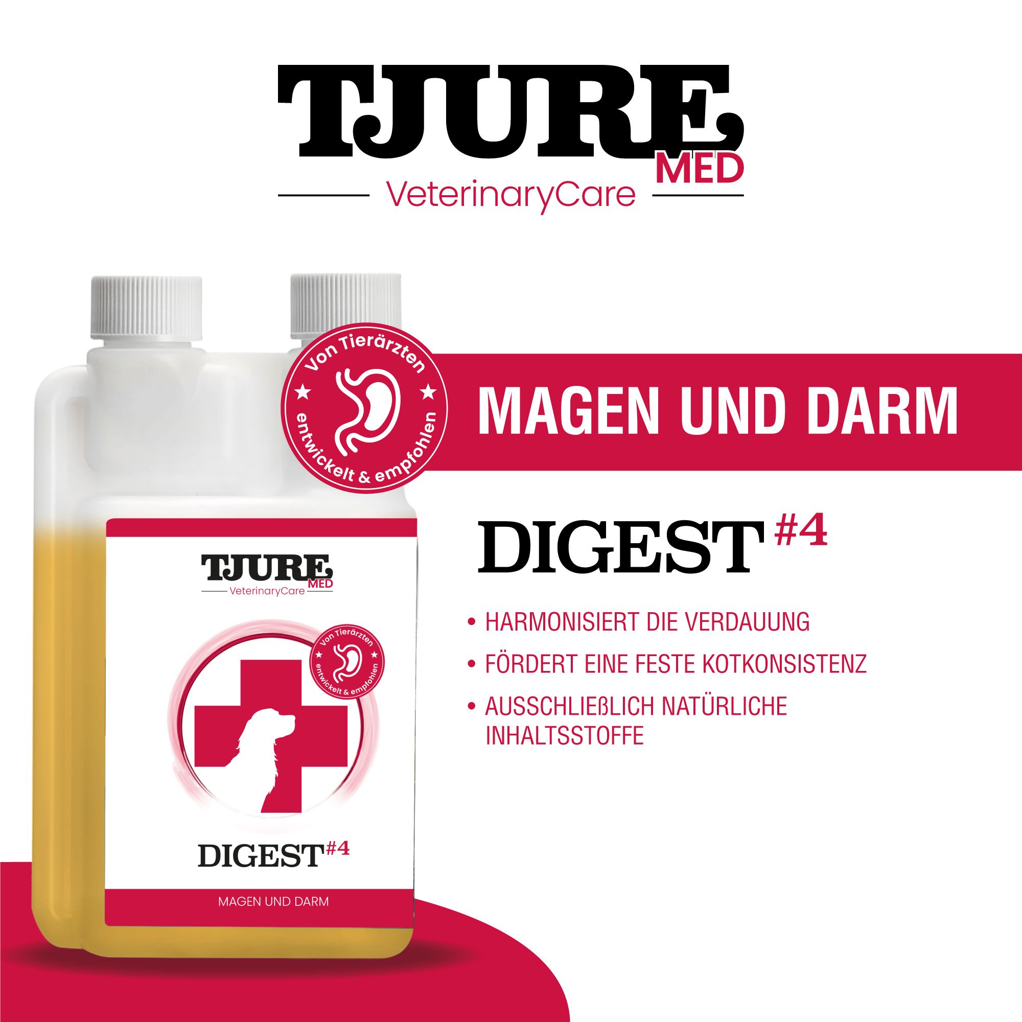 Zwei Flaschen TJURE MED DIGEST #4. Gelbe Flüssigkeit. Logo mit Hund und rotem Kreuz. Text: Magen und Darm.