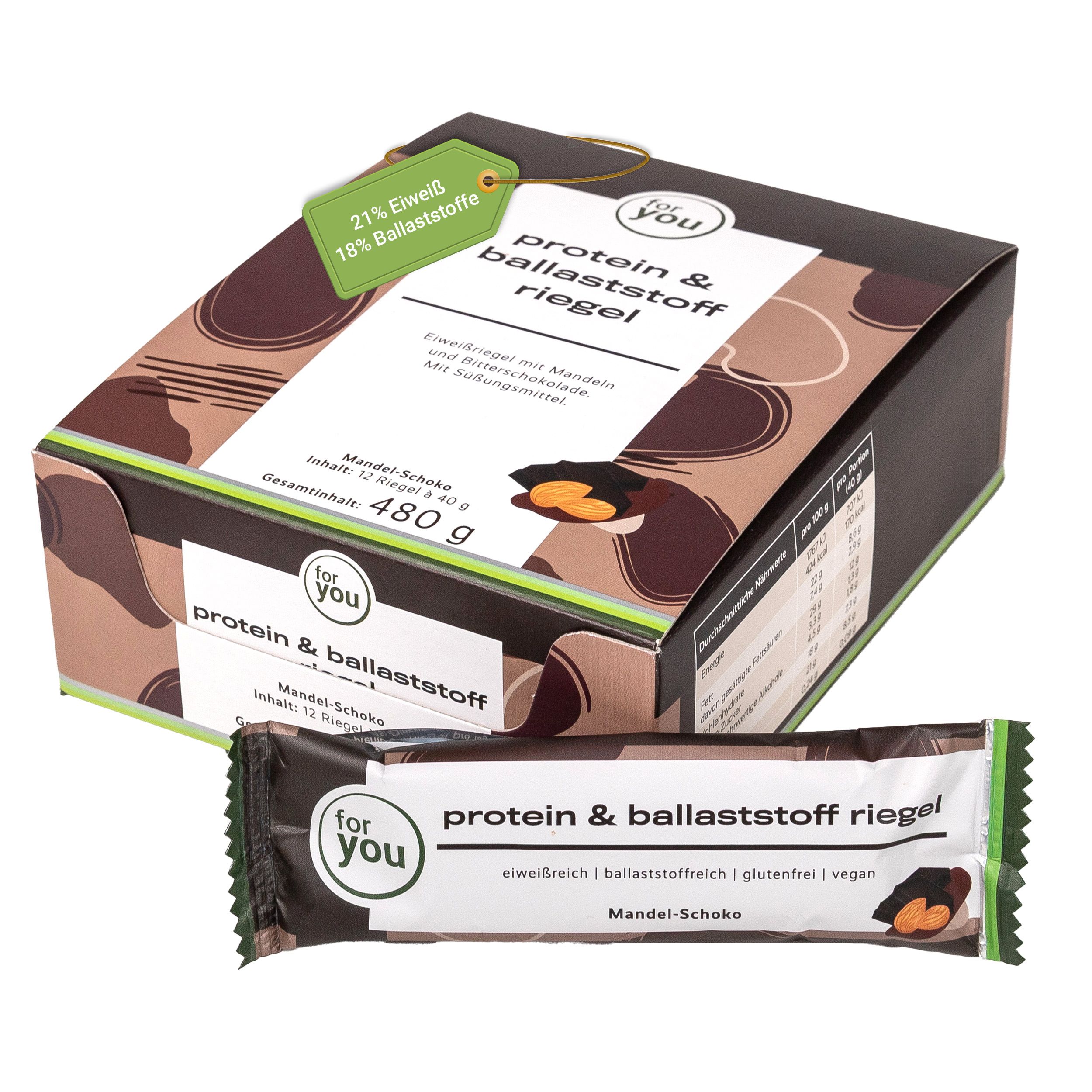 Verpackung mit 12 Riegeln "Protein & Ballaststoff Riegel" Mandel-Schoko, ein Riegel liegt daneben.