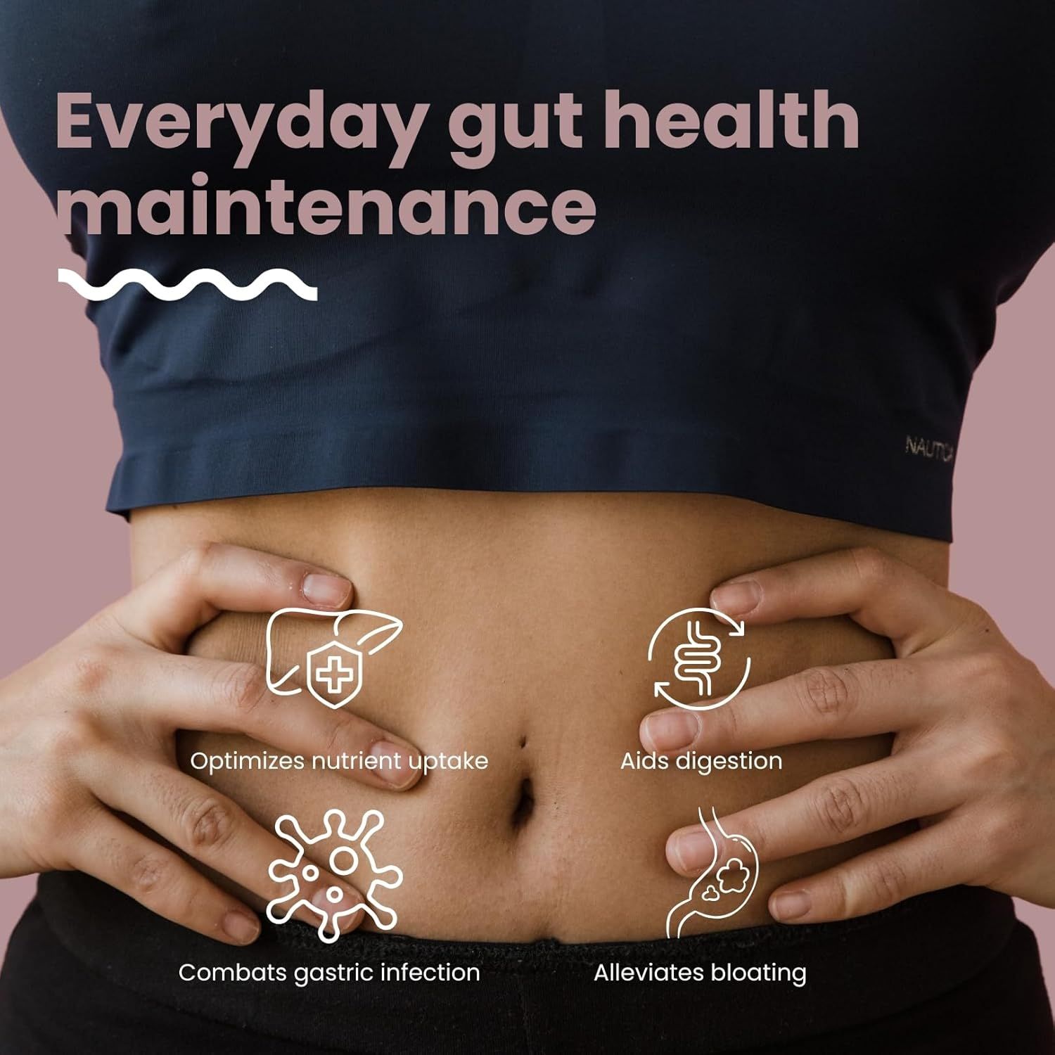 Bauch einer Frau. Text: Optimiert Nährstoffaufnahme, Hilft bei der Verdauung, etc. Symbole.