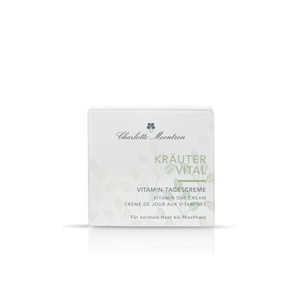 Quadratische Verpackung. Aufschrift: Charlotte Meentzen, Kräutervital, Vitamin-Tagescreme, Creme de jour aux vitamines. Für normale Haut bis Mischhaut.