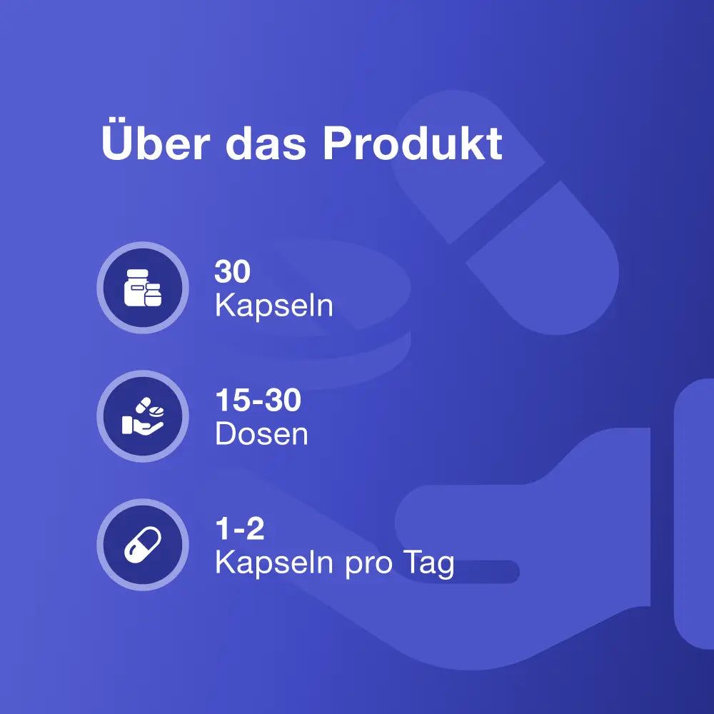Grafik mit Informationen über das Produkt. 30 Kapseln, 15-30 Dosen, 1-2 Kapseln pro Tag. Abgebildet sind Kapseln.