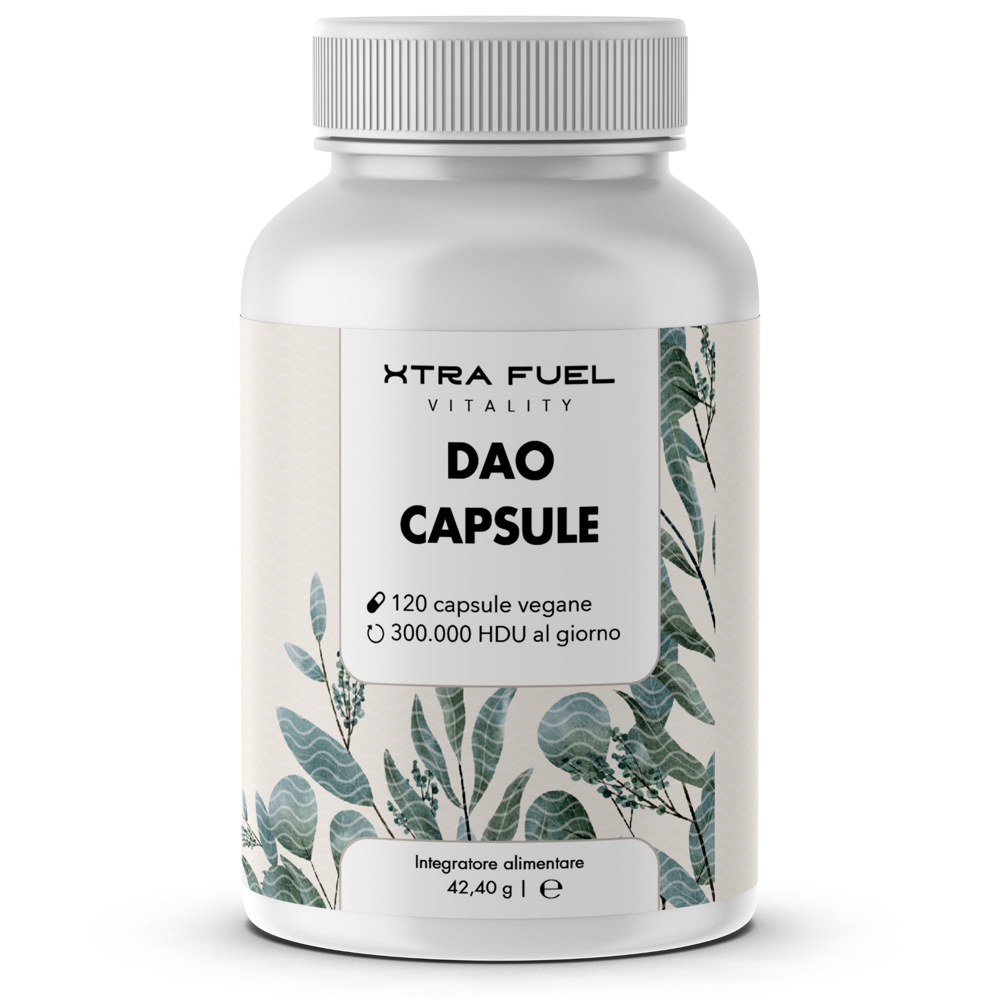 Weiße Flasche mit Kapseln. Aufschrift: XTRA FUEL DAO CAPSULE. 120 vegane Kapseln. 300.000 HDU. Pflanzenmuster.
