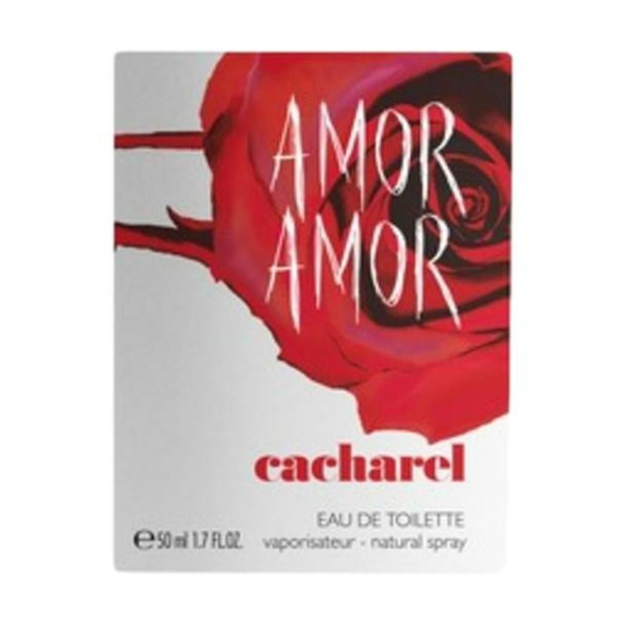 Schachtel mit Rose-Design. Aufschrift: AMOR AMOR, cacharel. Eau de Toilette.