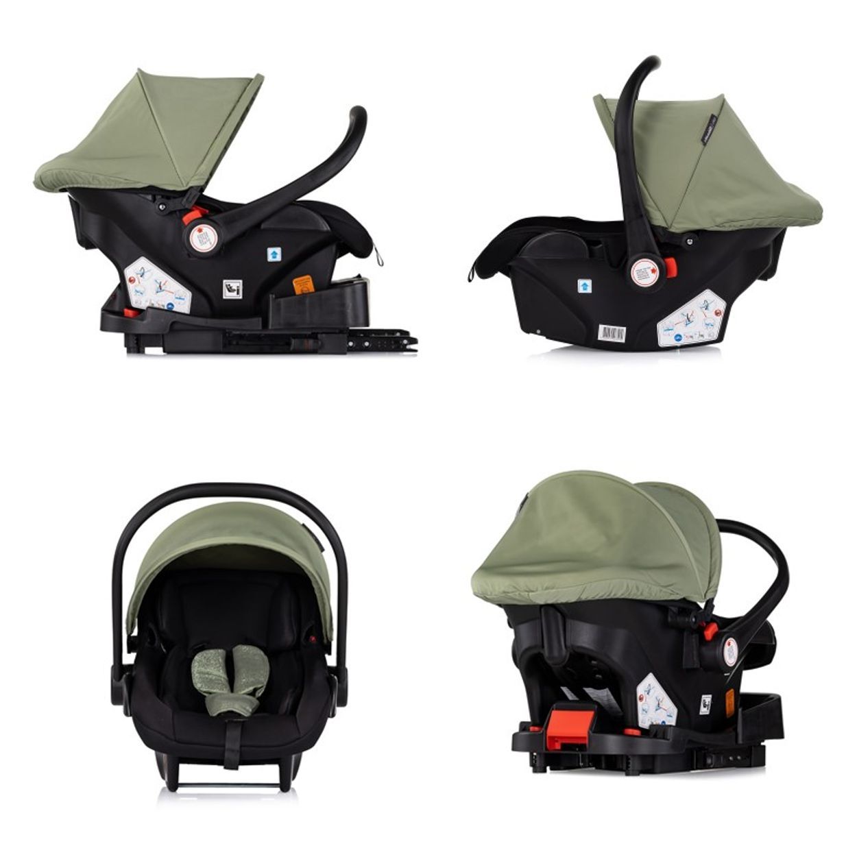 Baby-Autositz in vier Ansichten: Seiten-, Front- und Rückansicht, mit schwarzem Verdeck.