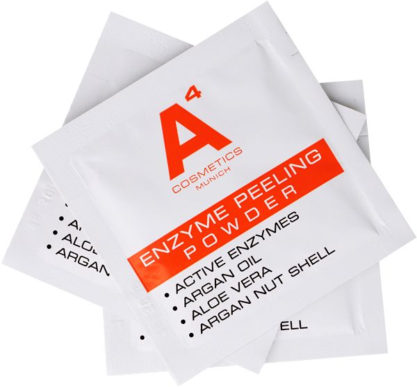 Mehrere A4 Cosmetics Enzyme Peeling Powder Beutel. Weiß mit orangefarbenem Text. Produktname und Inhaltsstoffe.