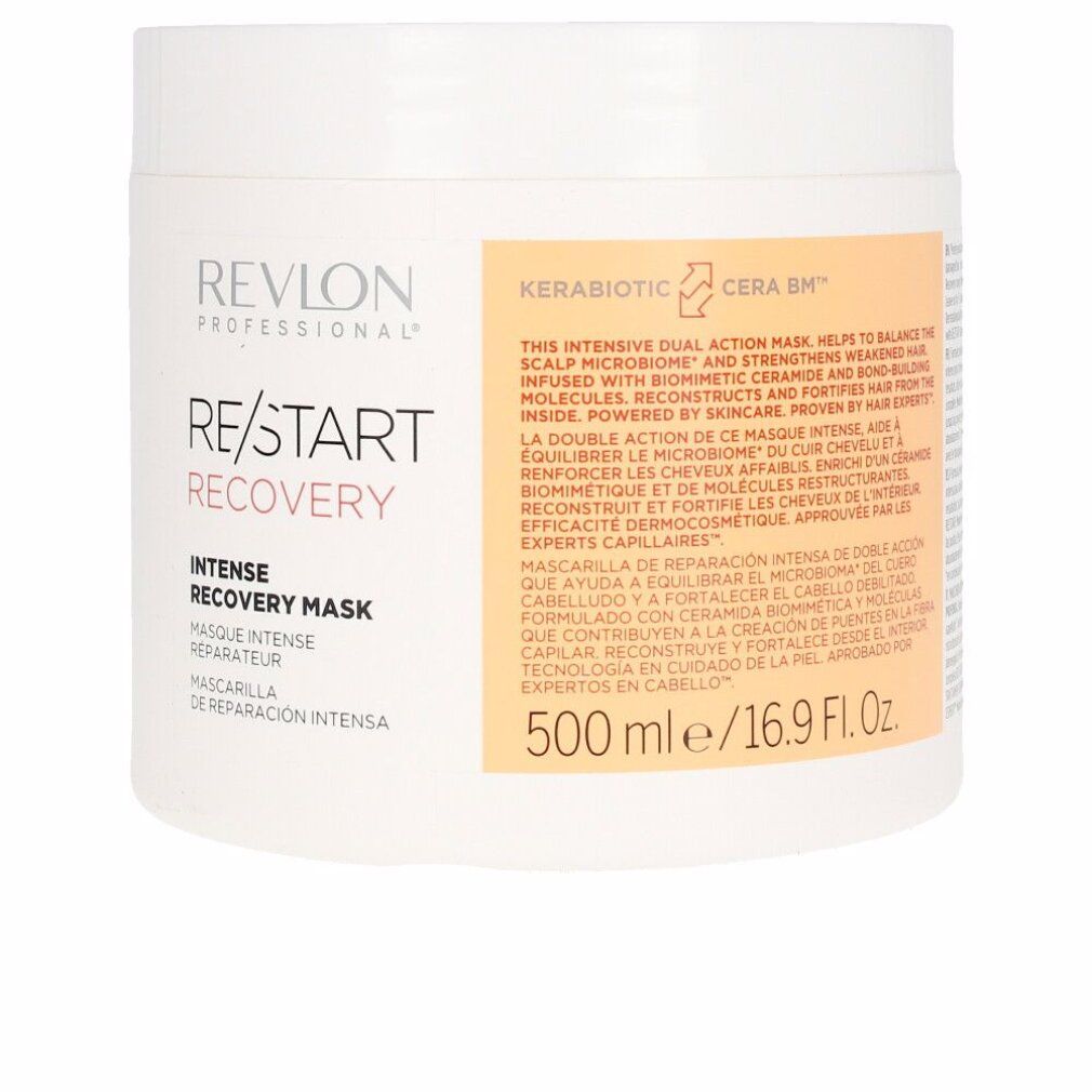 Weißer Tiegel mit Produktaufschrift. Text: Revlon Professional, Re/Start Recovery, Intense Recovery Mask. 500 ml.