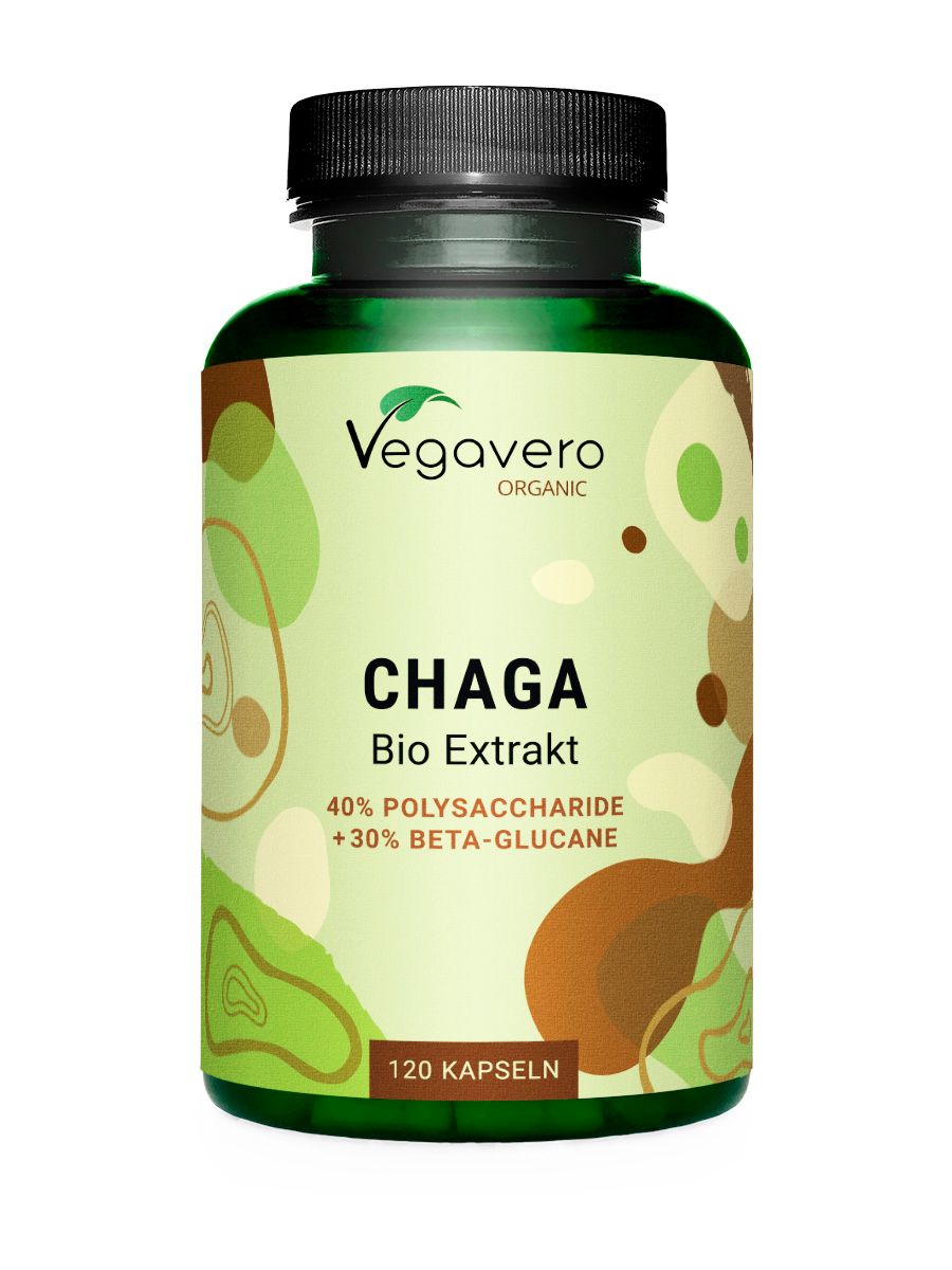Grüne Flasche mit schwarzen Deckel. Aufschrift: Vegavaro Organic, Chaga Bio Extrakt, 120 Kapseln. Enthält 40% Polysaccharide + 30% Beta-Glucane.