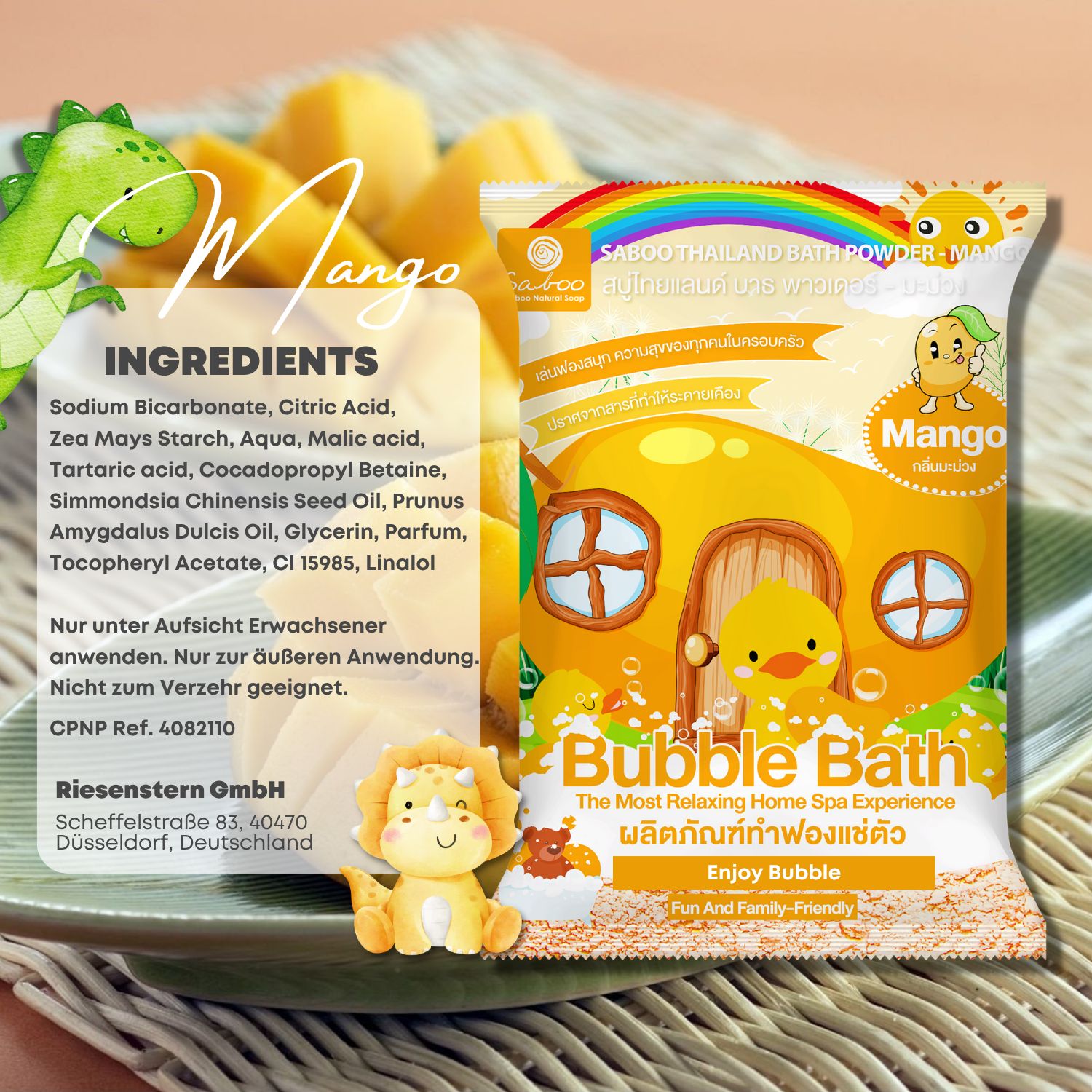 Beutel mit SABOO Schaumbad Pulver Mango. Inhaltsstoffe und Illustrationen. Text in Deutsch und Thai.