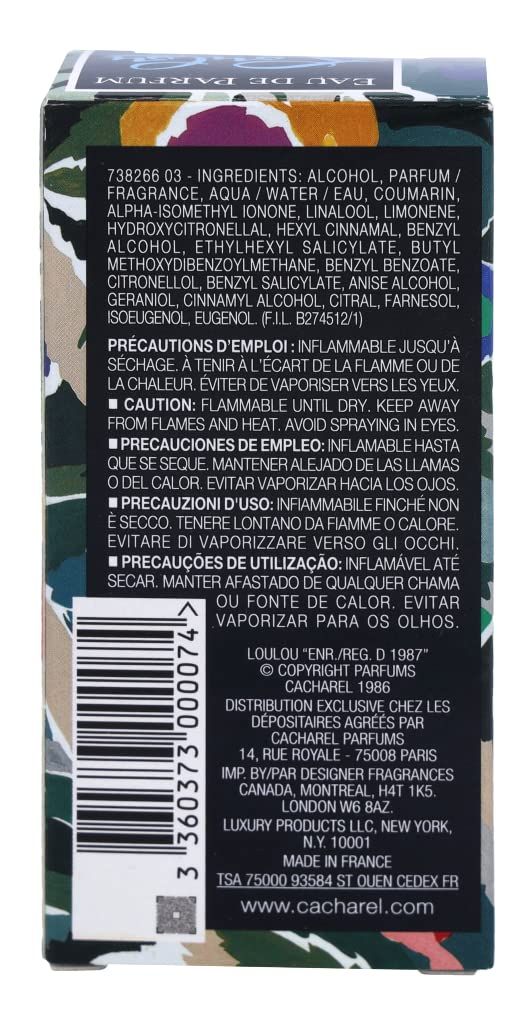 Rückseite der Verpackung mit Inhaltsstoffen, Warnhinweisen und Text. Aufschrift: Cacharel.