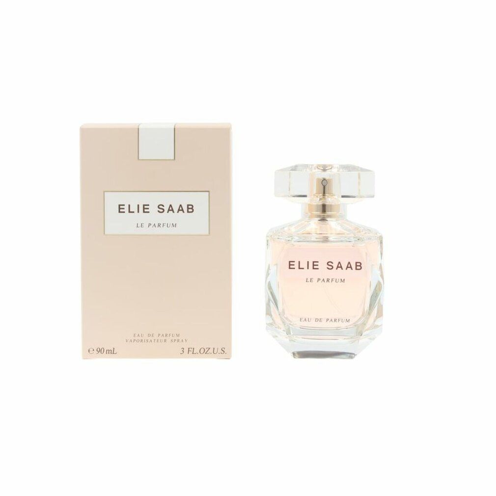 Elie Saab Le Parfum Flakon und Verpackung. Flakon und Verpackung in Creme-Tönen. Aufschrift: ELIE SAAB, LE PARFUM.