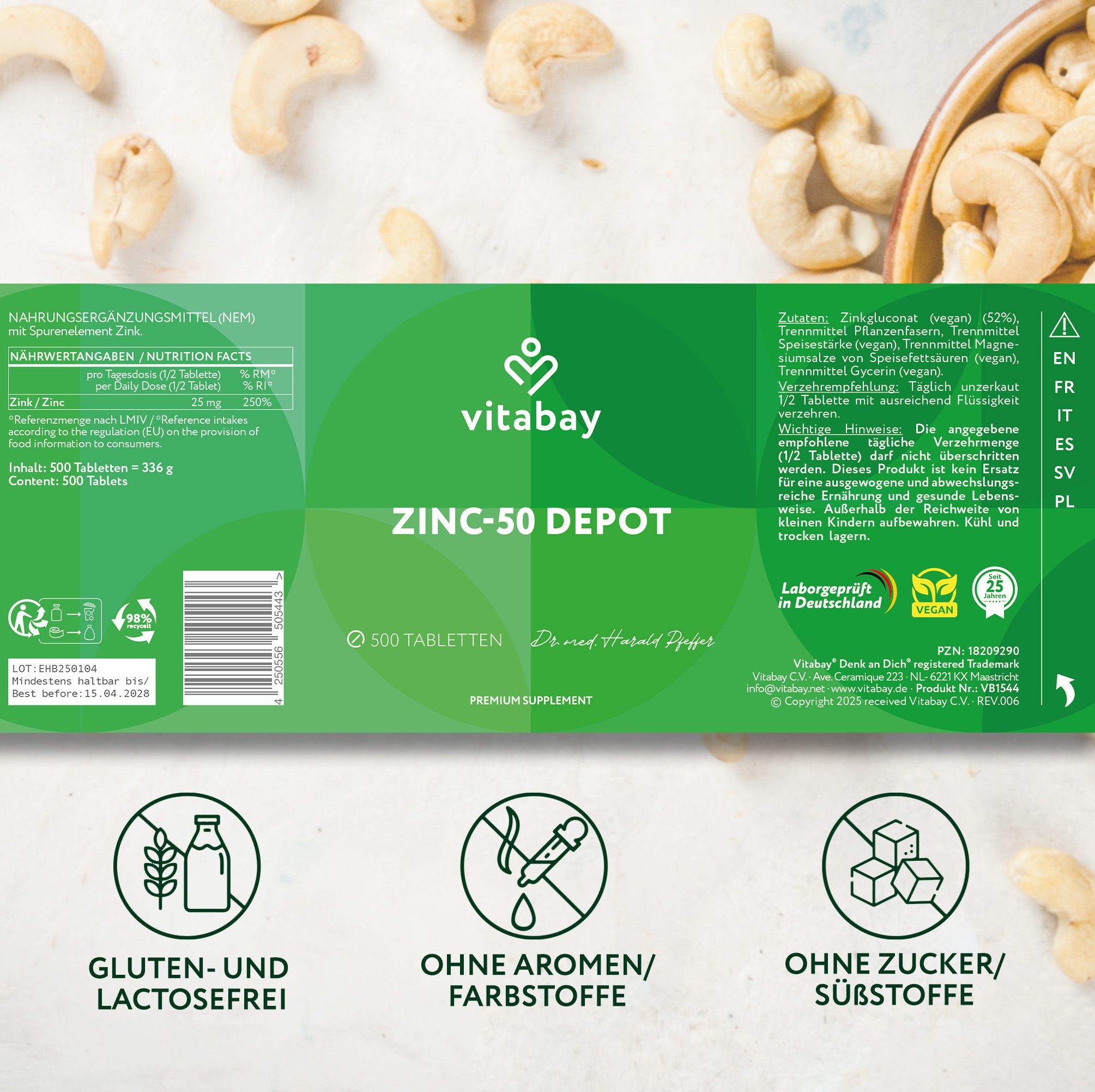 Rückseite der "Vitabay Zinc-50 DEPOT" Verpackung. Enthält Nährwertangaben, Zertifizierungen und Logos.