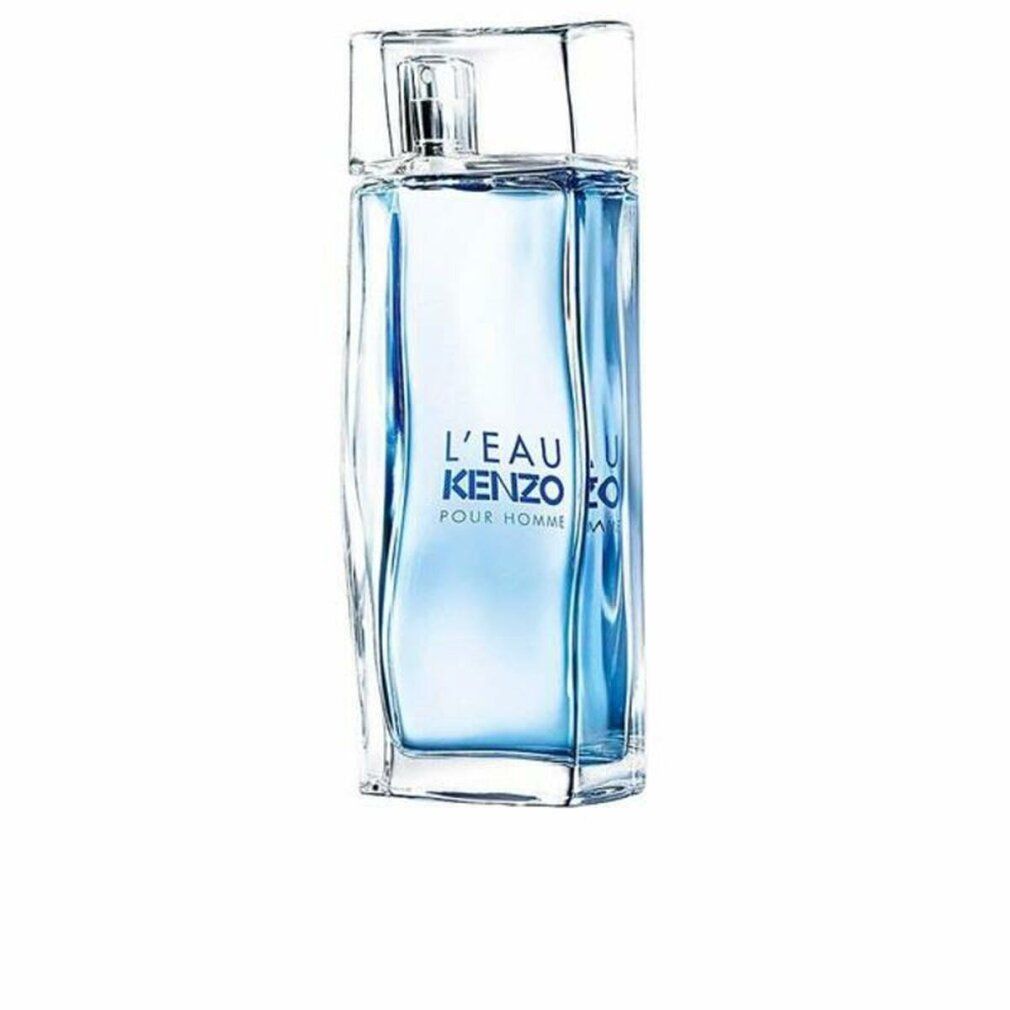 Kenzo L'Eau Par Kenzo pour Homme Flakon. Rechteckige Form, blaues Wasser, transparenter Deckel. Aufschrift.