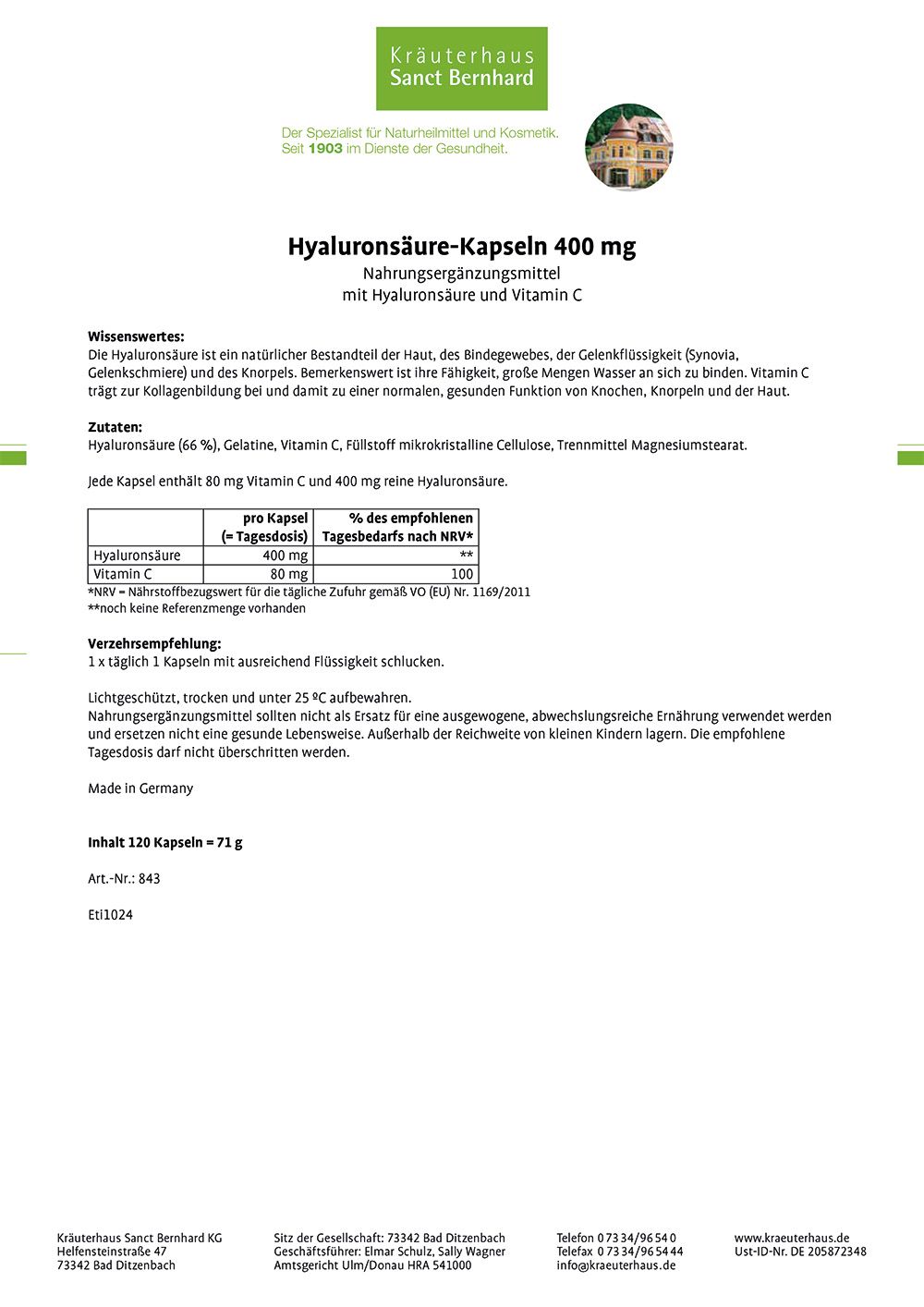 Sanct Bernhard Hyaluronsäure-Kapseln 400 mg