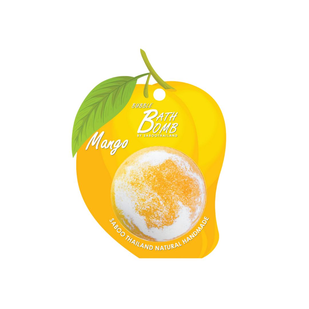 Gelbe Badebombe in Mango-Form. Verpackung mit Mango-Motiv und Blatt. Text: Mango, Bubble Bath Bomb.
