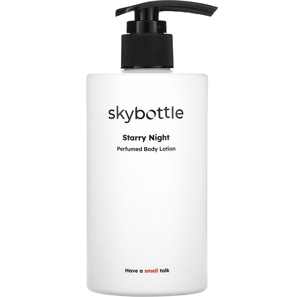 Weiße Flasche mit schwarzem Pumpkopf. Aufschrift: skybottle, Starry Night, Perfumed Body Lotion. Text: Have a smell talk.