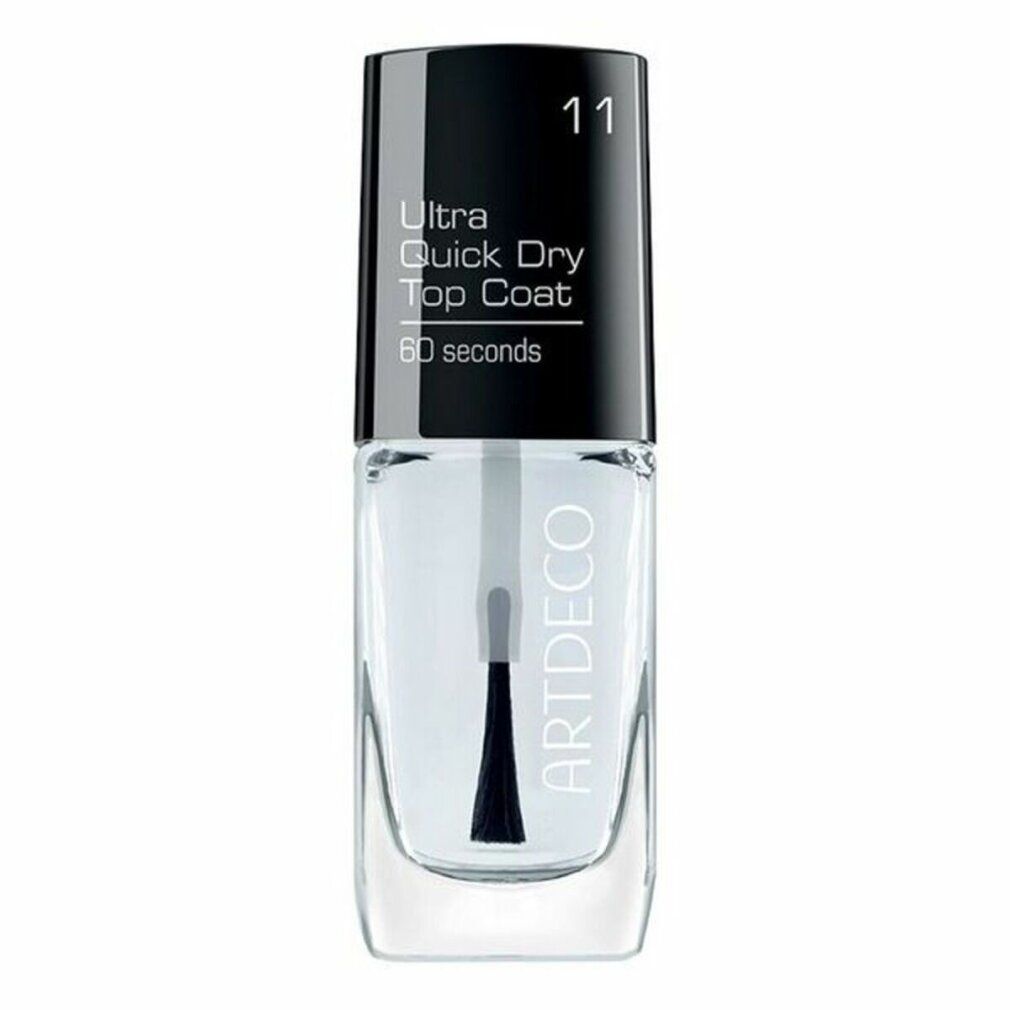 Klare Nagellackflasche mit schwarzem Deckel. Aufschrift: Ultra Quick Dry Top Coat, 60 seconds. Marke: ARTDECO.