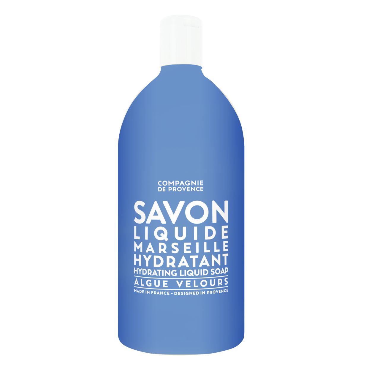 Blaue Flasche mit weißem Deckel. Text: Savon Liquide Marseille Hydratant, Algue Velours. Marke: Compagnie de Provence.