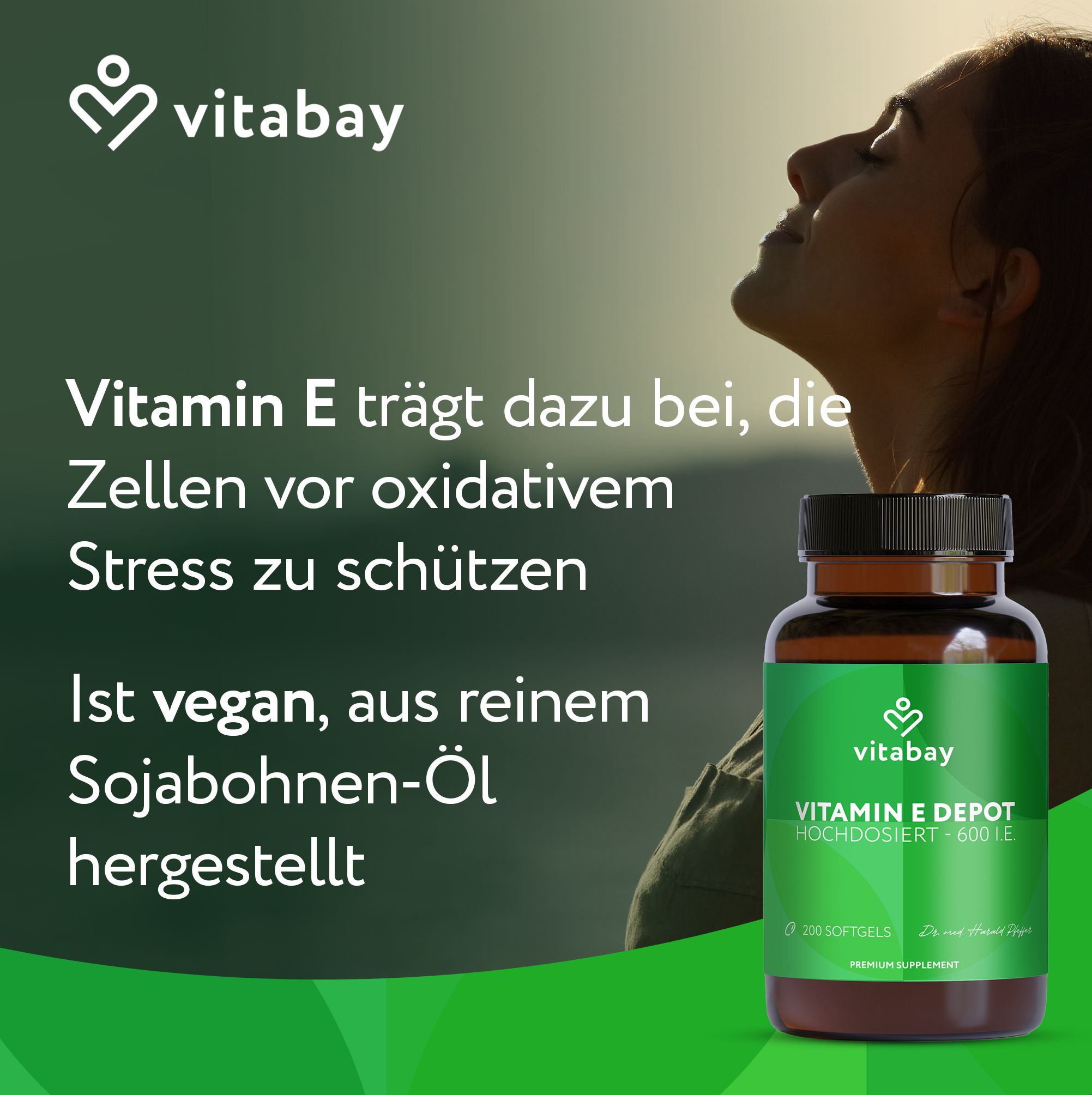 Vitabay Vitamin E schützt Zellen vor oxidativem Stress, vegan aus Sojaöl.