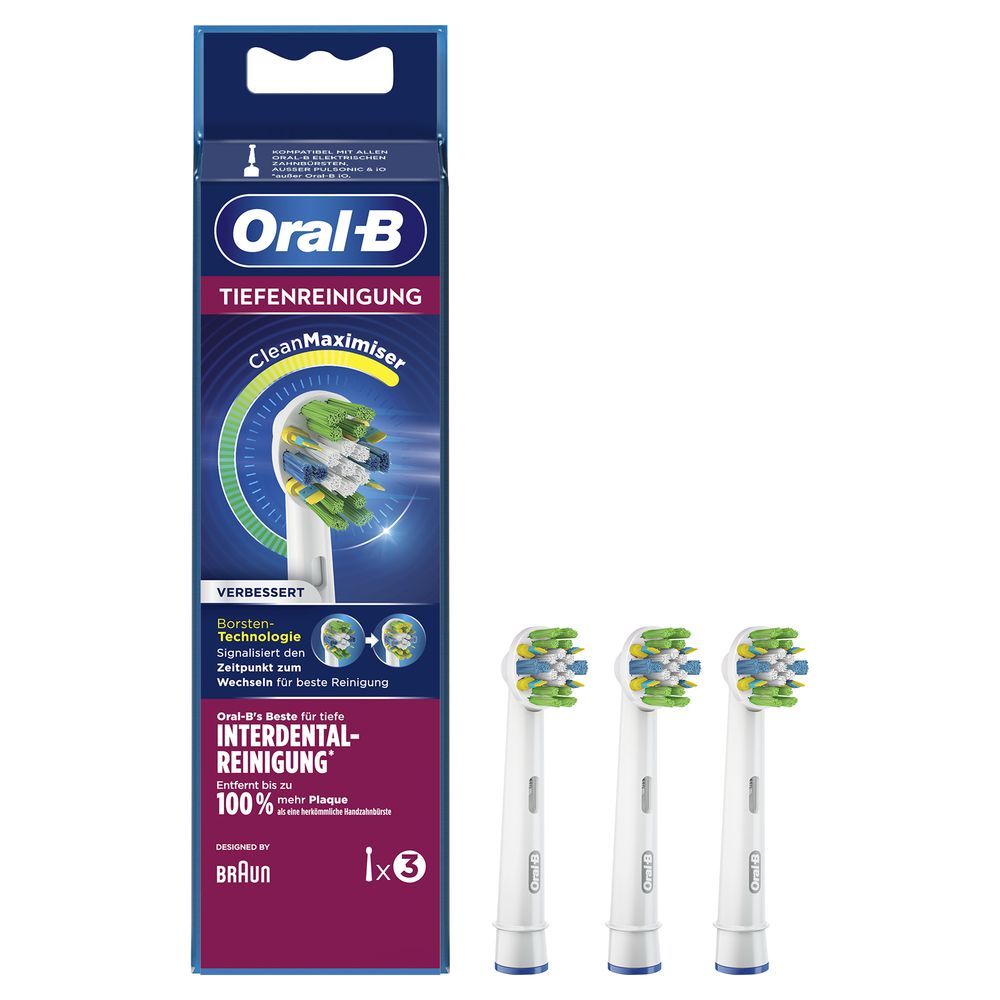 Packung mit drei Oral-B Tiefenreinigung CleanMaximizer Aufsteckbürsten. Blaue, grüne und gelbe Borsten. Text: Interdental-Reinigung.