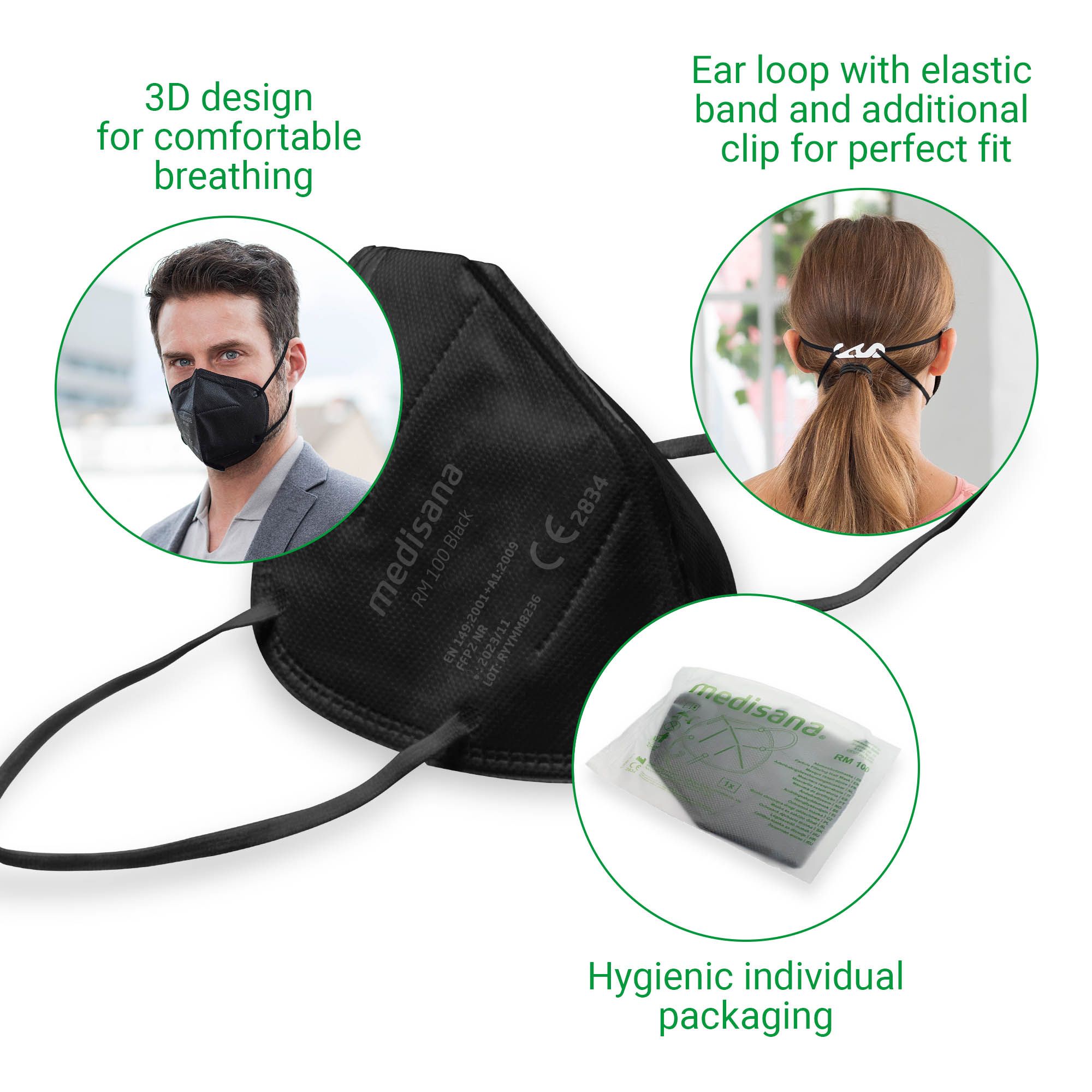 Schwarze FFP2-Atemschutzmaske, Einzelverpackung, Ohrschlaufenspanner, Text: 'medisana RM 100'.
