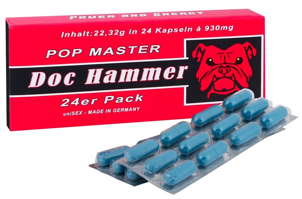 Rote Schachtel mit "Doc Hammer - Pop Master" und Bulldoggen-Logo. Zeigt Blister mit blauen Kapseln.