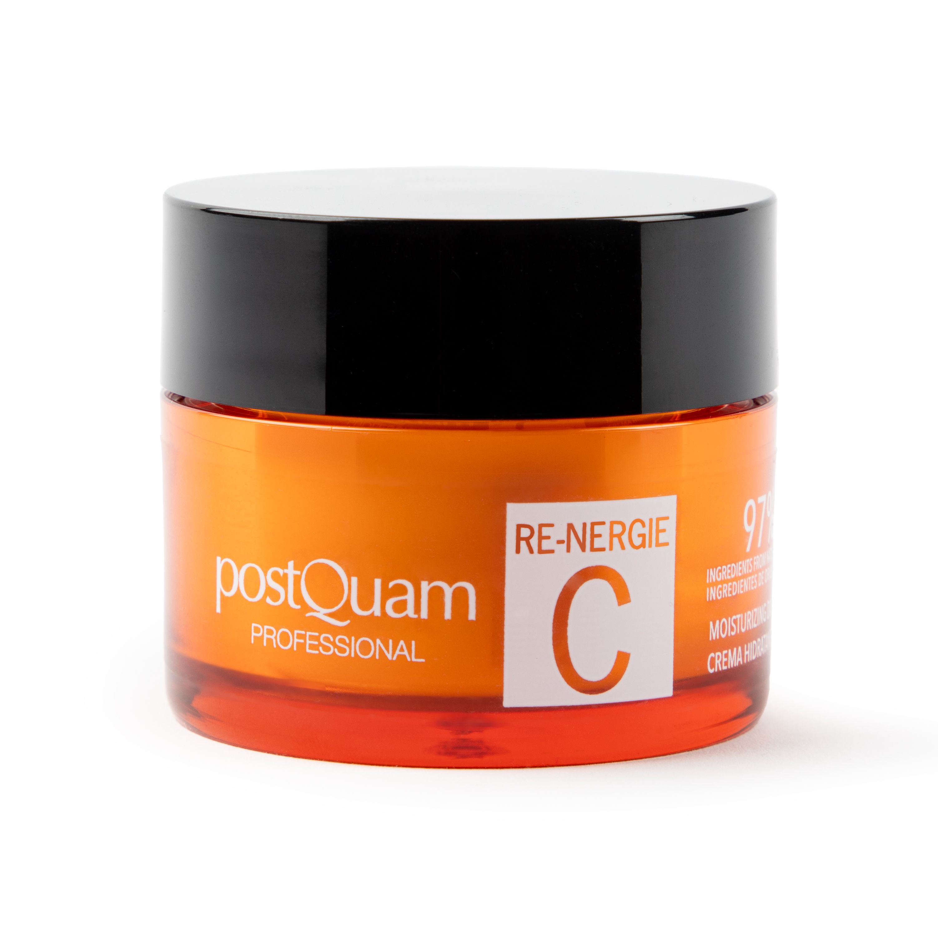 Creme-Glas mit schwarzem Deckel. Orangefarbenes Glas mit weißem Etikett. Text: Re-Nergie C, 97% Inhaltsstoffe. Marke: PostQuam Professional.
