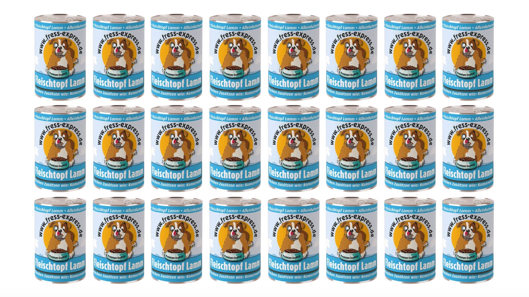 Reihe von Fleischtopf Lamm Hundefutterdosen. Jede Dose zeigt ein Bild eines Hundes und Produktinformationen. Mehrere Dosen sind nebeneinander angeordnet.